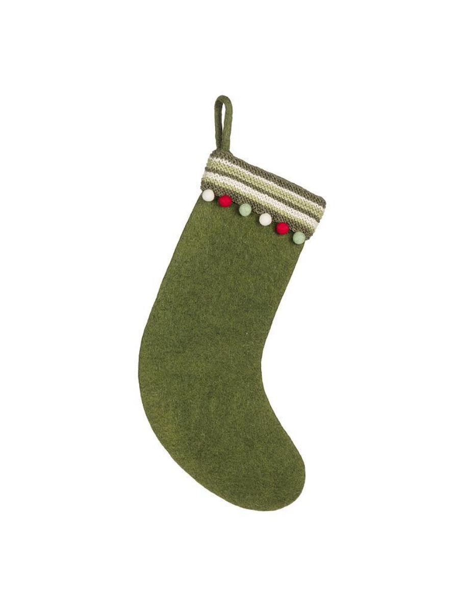 Felt Christmas stocking with knitted band and pom-poms – Green