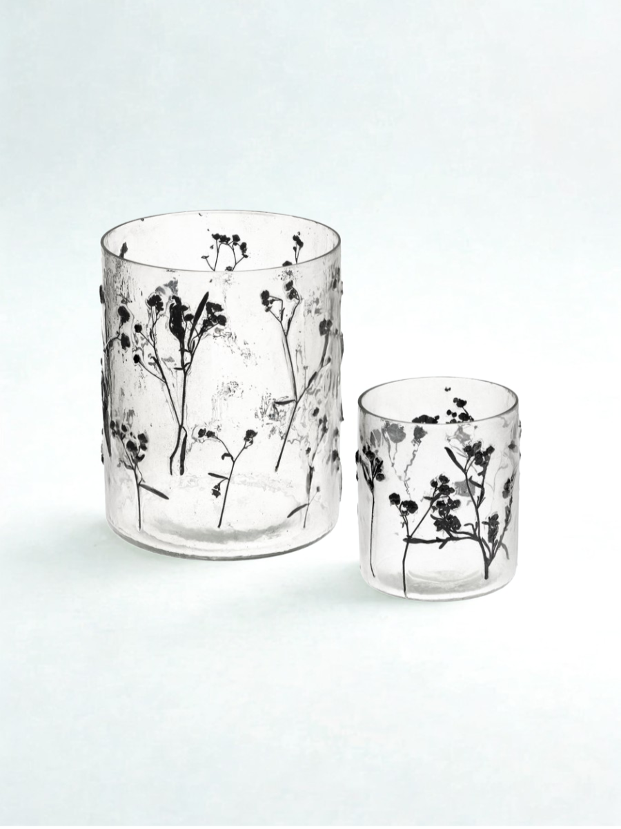 Glass candle holder with dried flowers