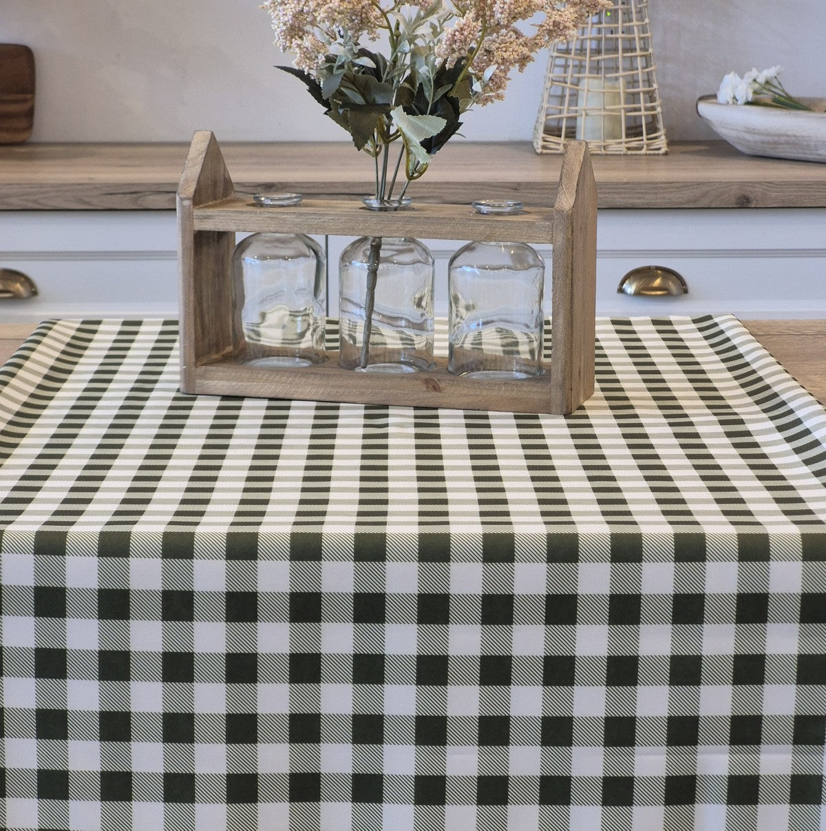Green and white gingham checkered tablecloth