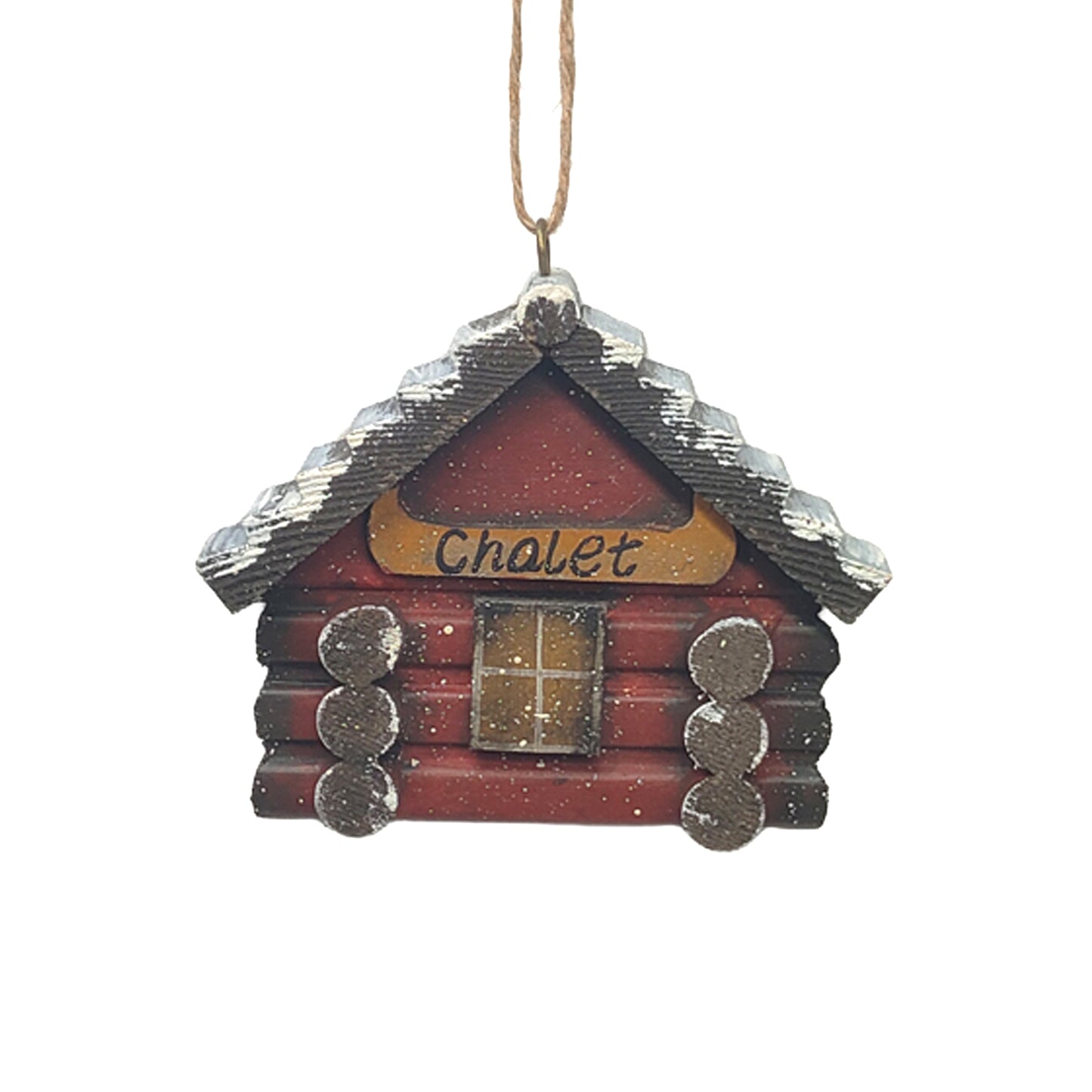 Ornement chalet de bois rond - rouge et brun