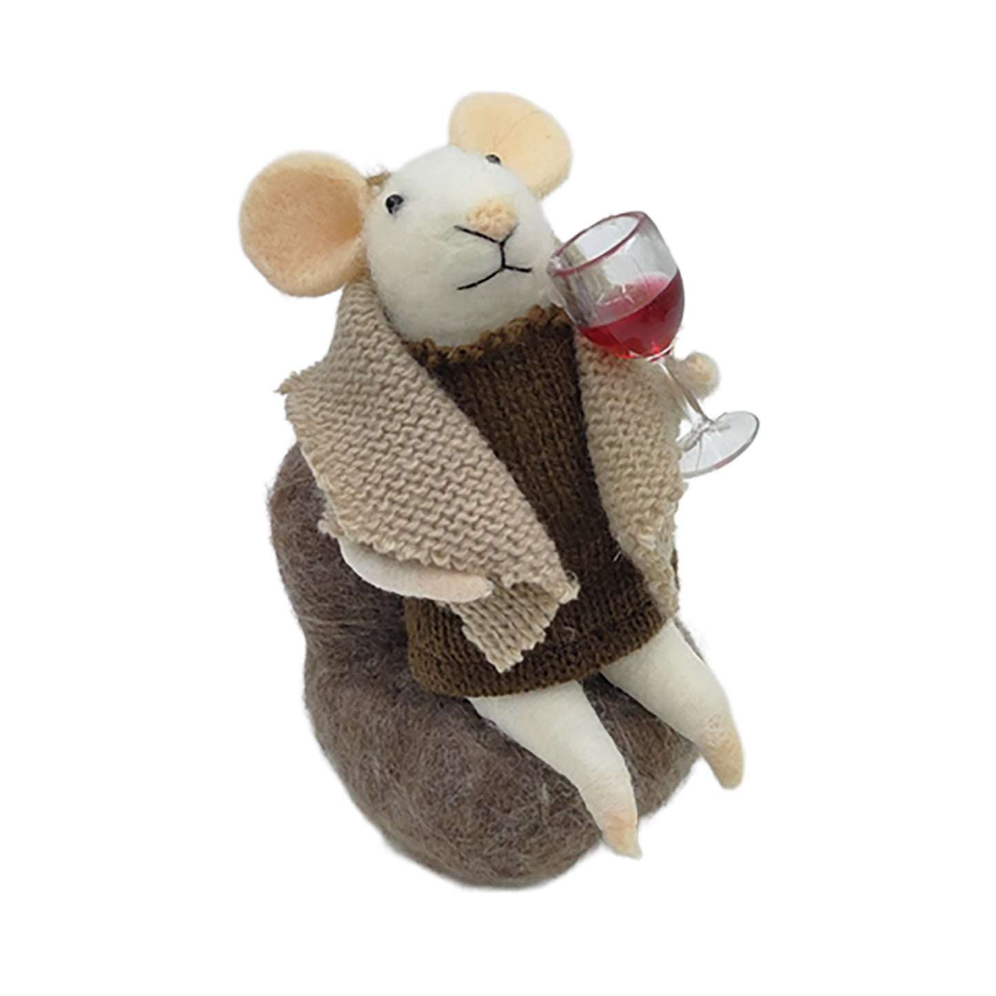 Ornement souris - pull marron foulard et verre de vin rouge