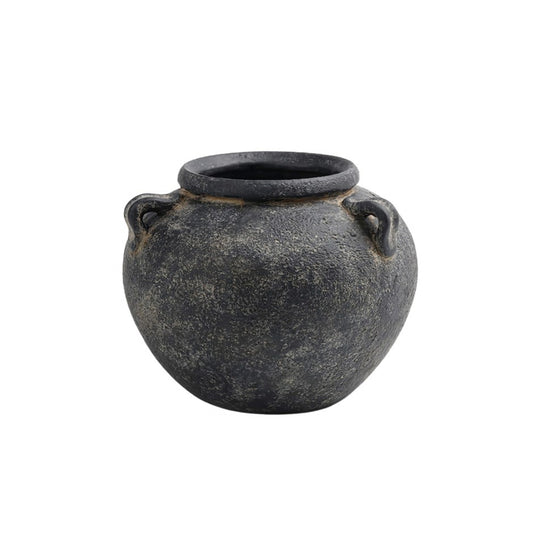Low Round Black Terracotta Vase with Handles