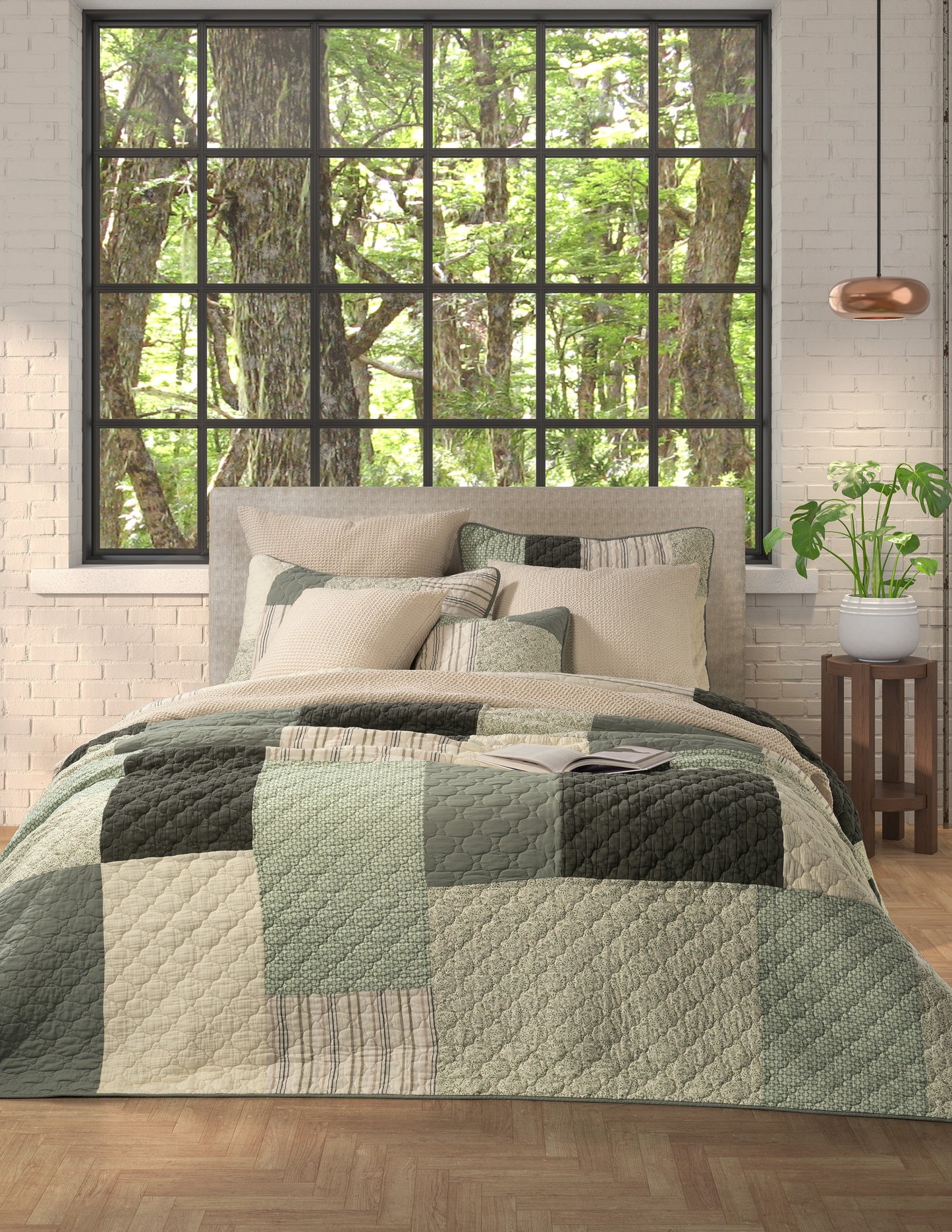 Broccolini-Green and cream patchwork quilt