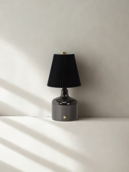 Ceramic LED Lamp with Pleated Shade - Black