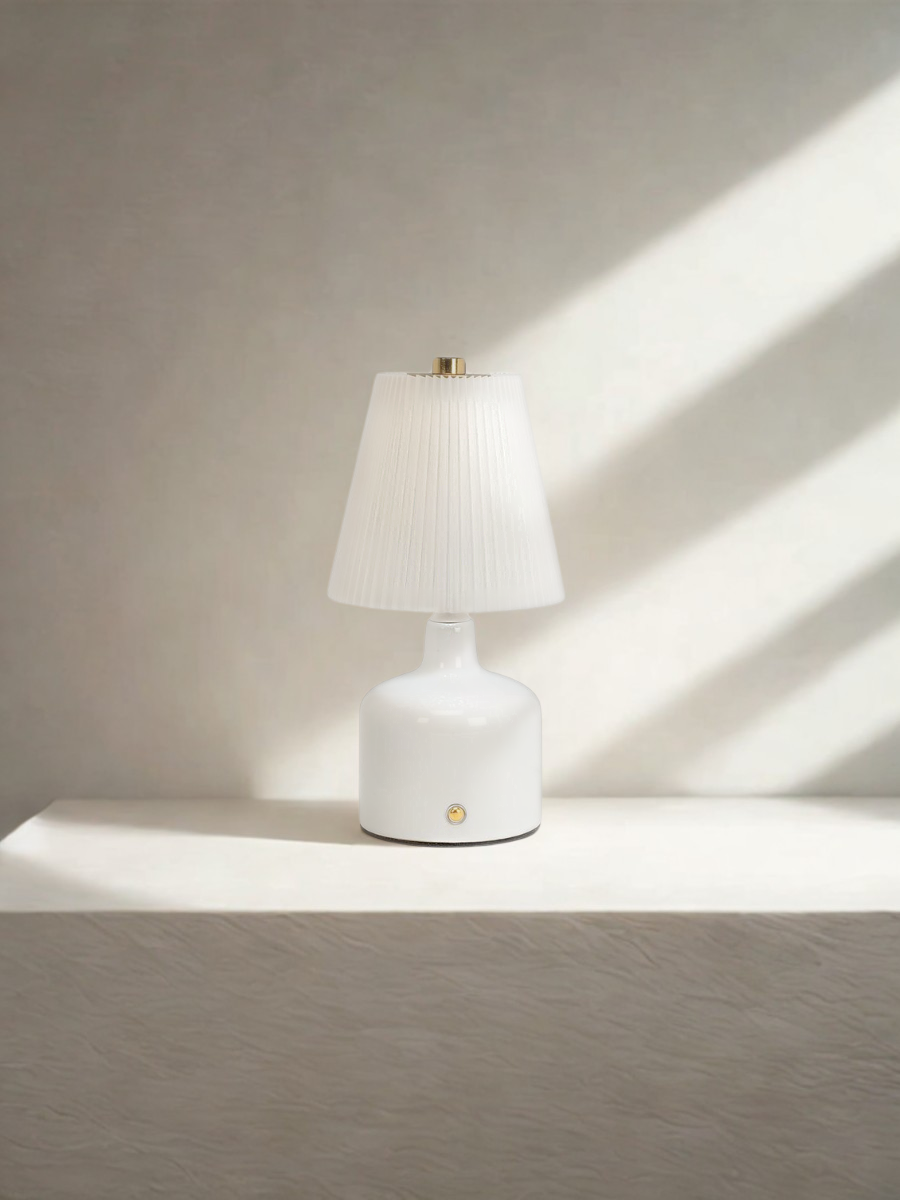 Ceramic LED Lamp with Pleated Shade - White