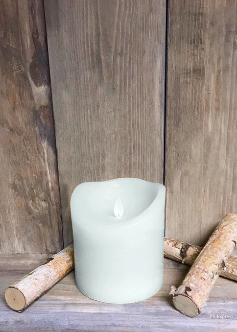 LED candle with moving flame, rustic white finish 4"