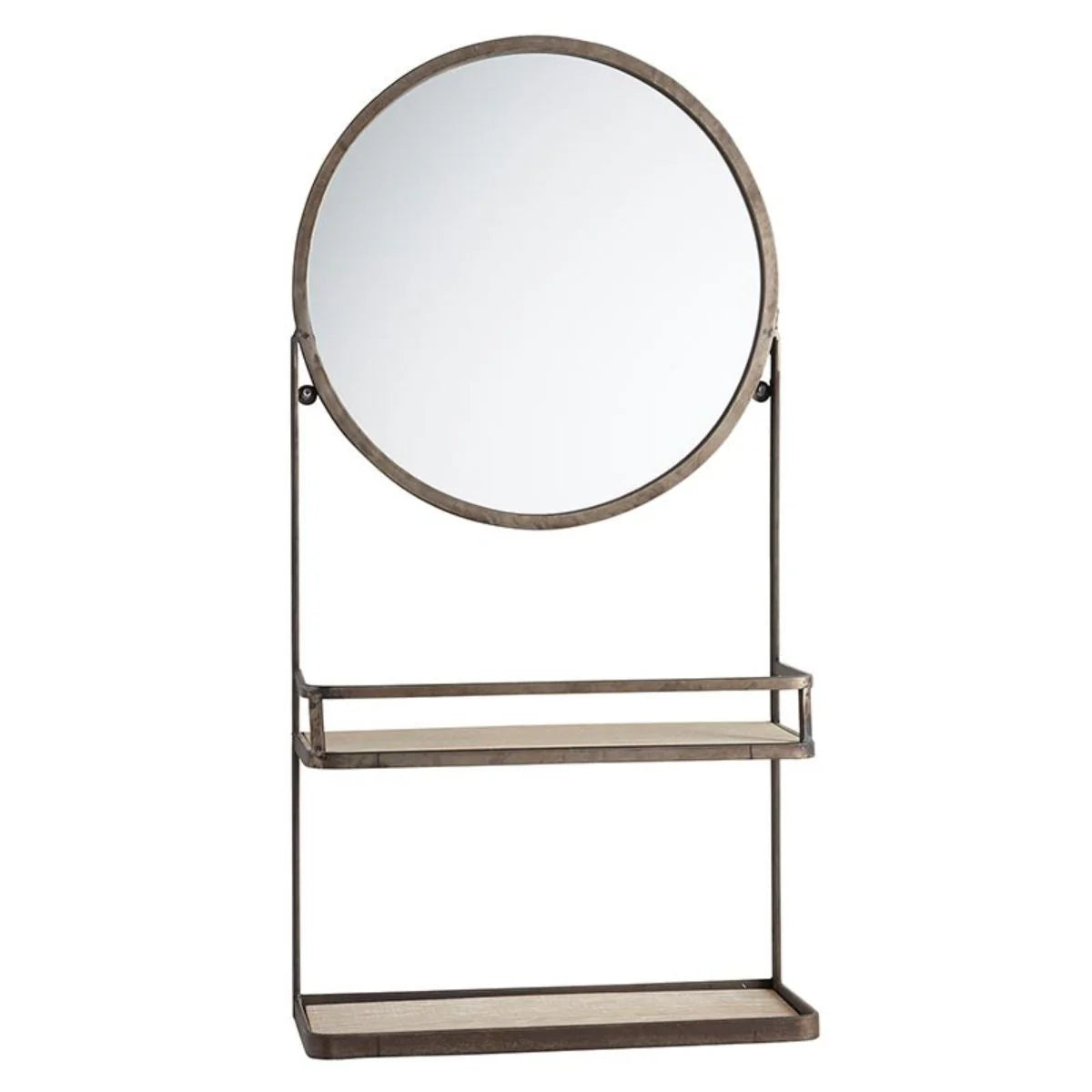 Round iron mirror with shelves