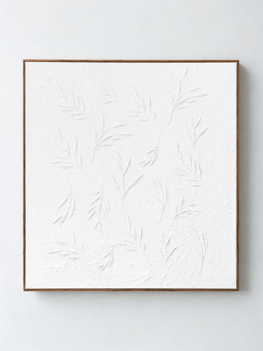 Canvas mural with plaster leaves – Ecru