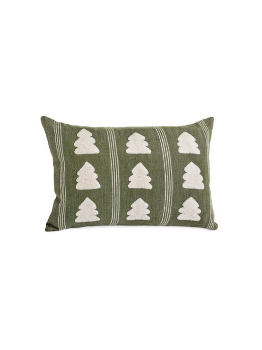 Embroidered cushion with fir tree motifs in woven cotton – Green and ecru