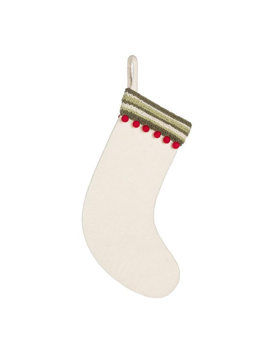 Felt Christmas stocking with knitted band and pom-poms – White