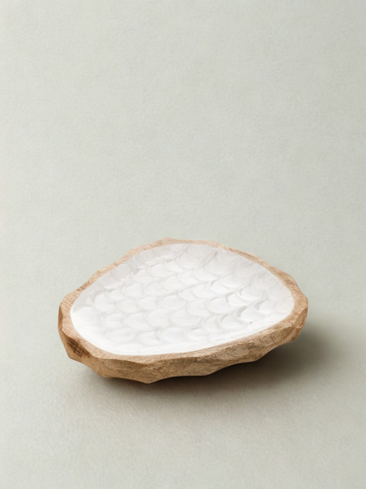 Plateau en bois avec émail écaillé - Naturel & Blanc