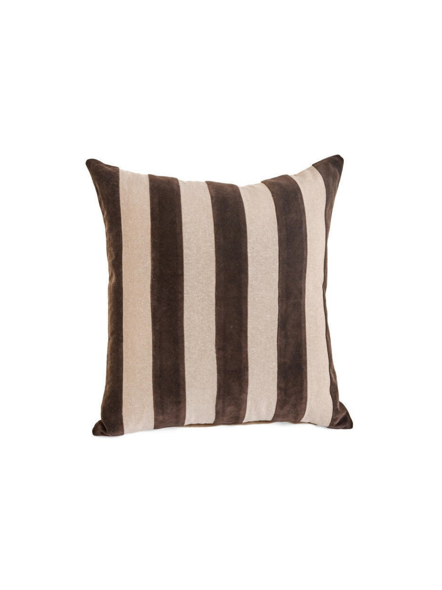 Coussin à rayures de velours – Brun foncé et naturel