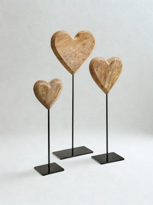 Decorative wooden heart on metal base - Natural and black