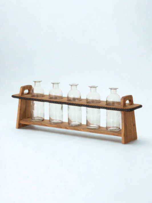 Five Glass Vases on Wooden Stand