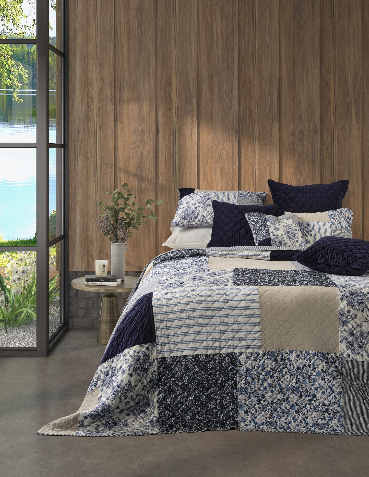 Marine Blue and White Patchwork Quilt 