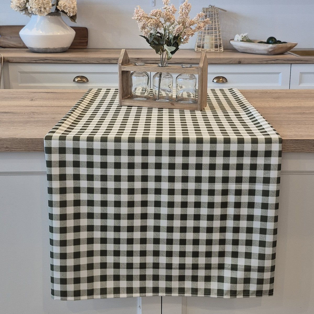 Green and white gingham checkered tablecloth