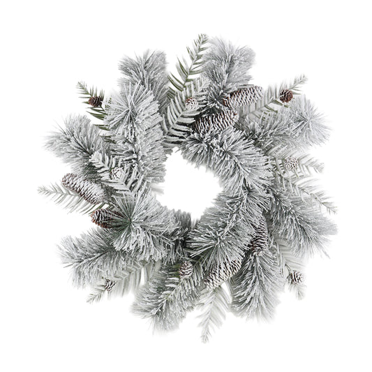Couronne de pin à aiguilles mélangées floquée 24 po avec pomme de pin