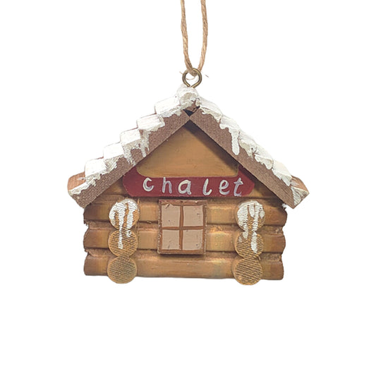 Ornement chalet bois rond enneigé - naturel