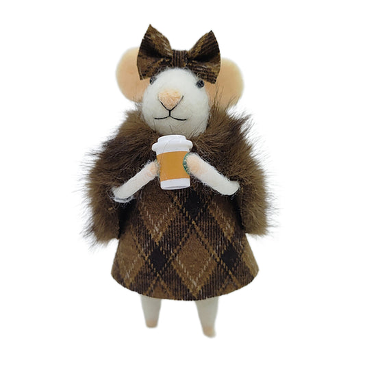 Ornement Souris en laine - manteau à carreaux et tasse de café