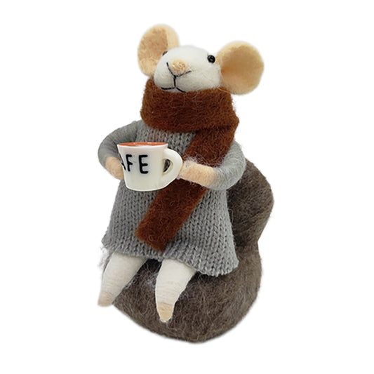 Ornement souris - pull gris foulard et café