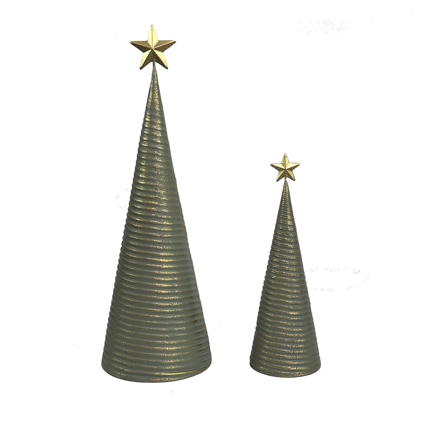 Ensemble de 2 cônes en métal vert/or  avec étoile au sommet