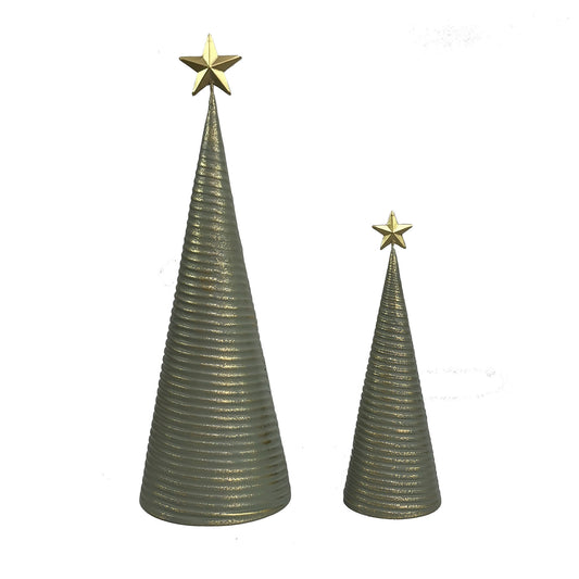 Ensemble de 2 cônes en métal vert/or  avec étoile au sommet