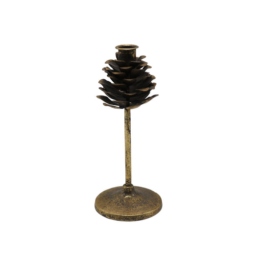 Porte bougie pomme de pin en métal sur pied 9 po