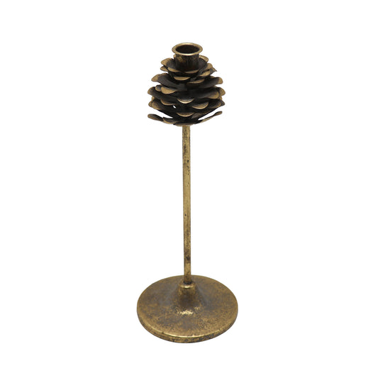 Porte bougie pomme de pin en métal sur pied 13 po
