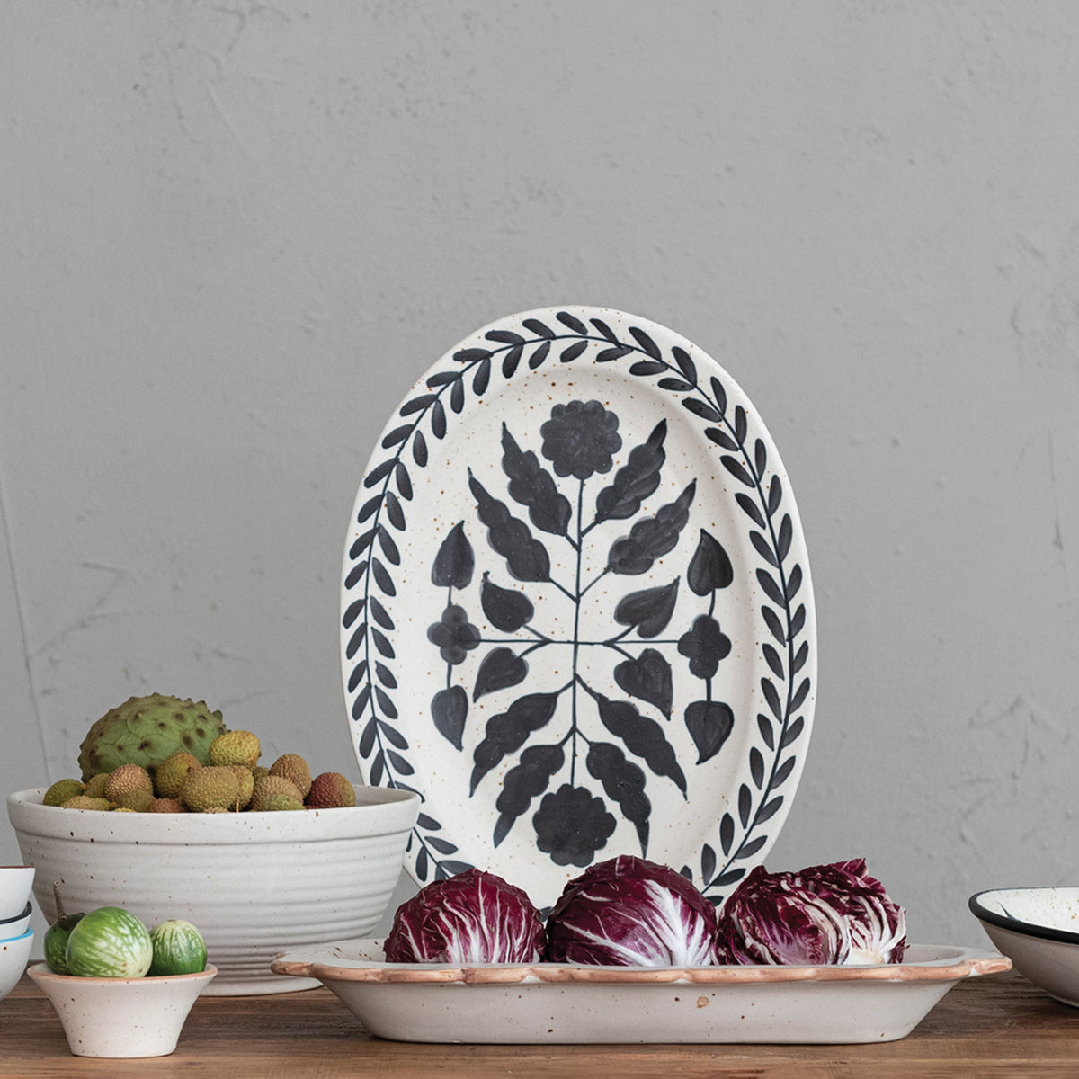 Hand-Painted Stoneware Platter w/ Floral Design